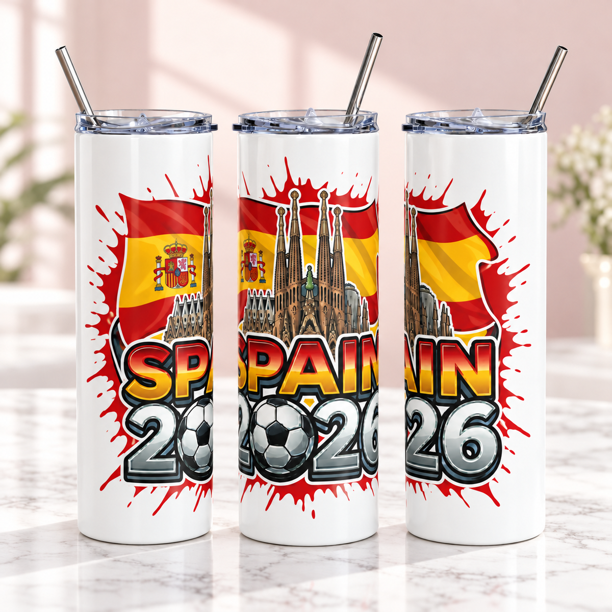 Spain 2026 Football Tumbler – Insulated Soccer Fan Cup — three complementary views of one product
