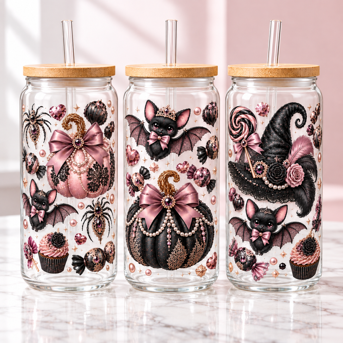 Rose Gold Gothic Halloween Glass Can Tumbler — clear; three complementary views of one product