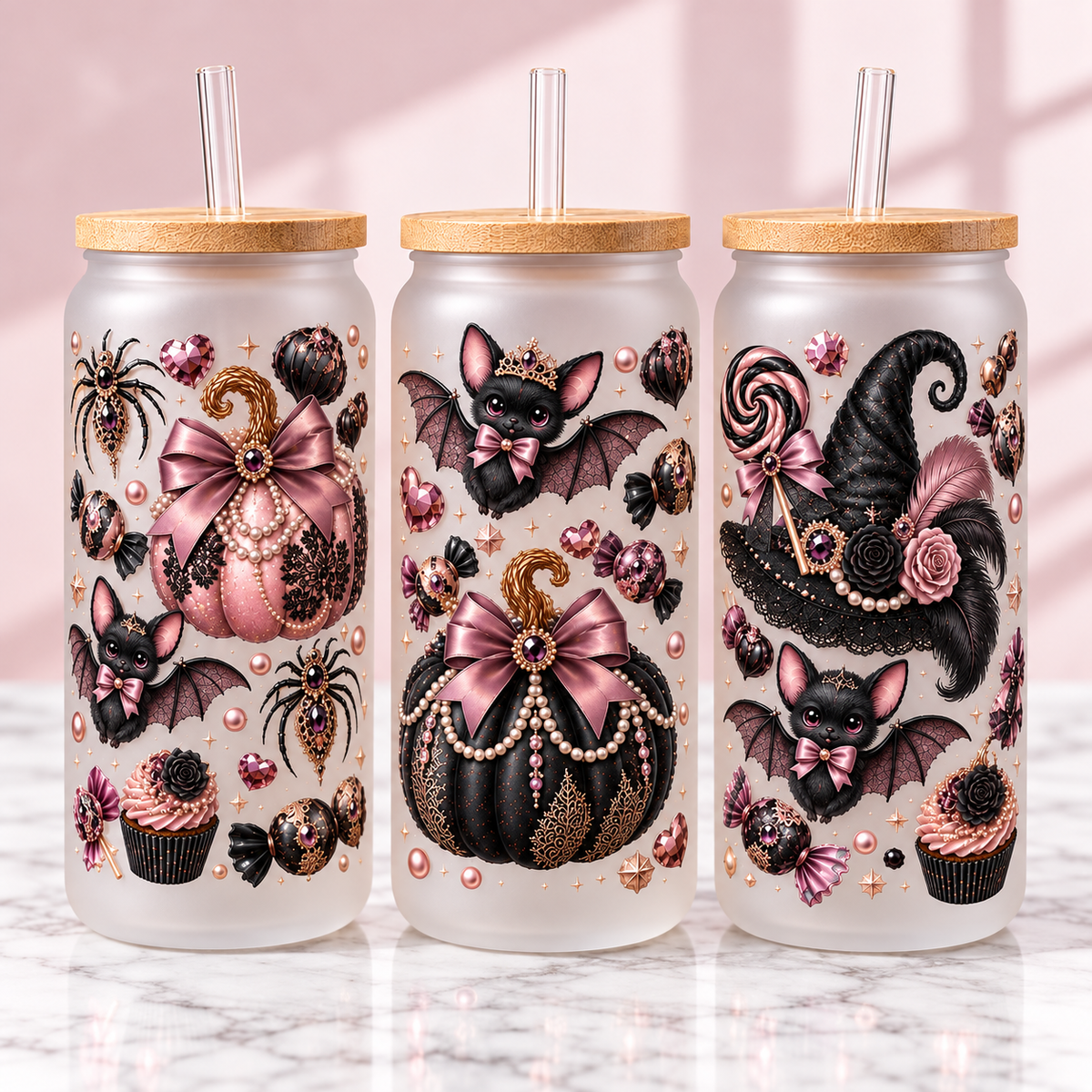 Rose Gold Gothic Halloween Glass Can Tumbler — frosted; three complementary views of one product