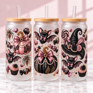 Rose Gold Gothic Halloween Glass Can Tumbler — frosted; three complementary views of one product