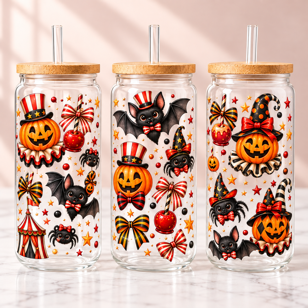 Vintage Carnival Pumpkin Halloween Glass Can Tumbler — clear; three complementary views of one product