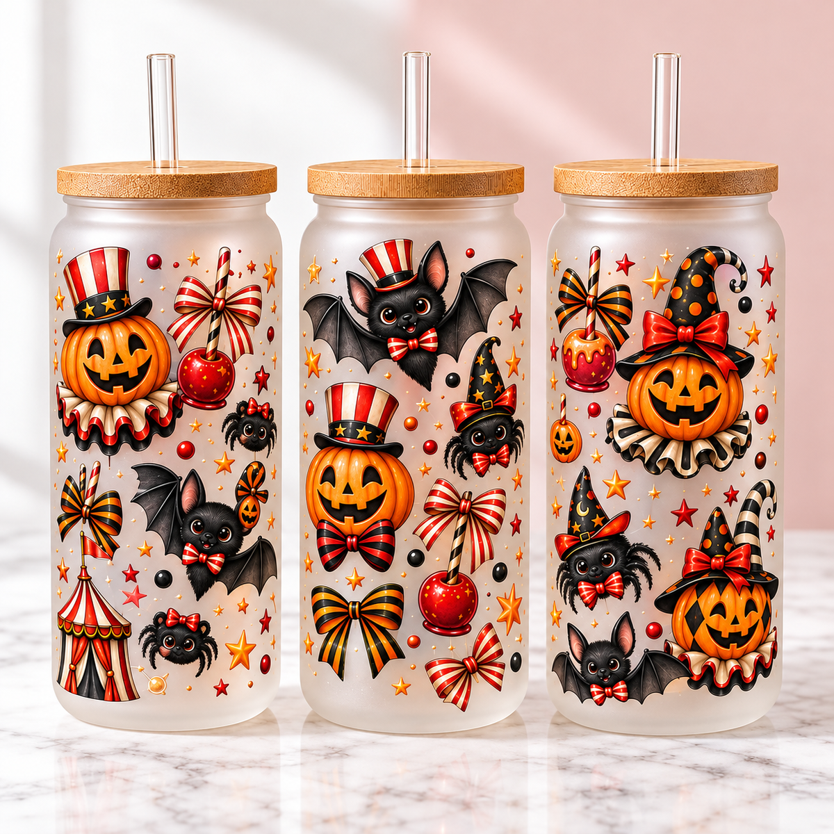 Vintage Carnival Pumpkin Halloween Glass Can Tumbler — frosted; three complementary views of one product