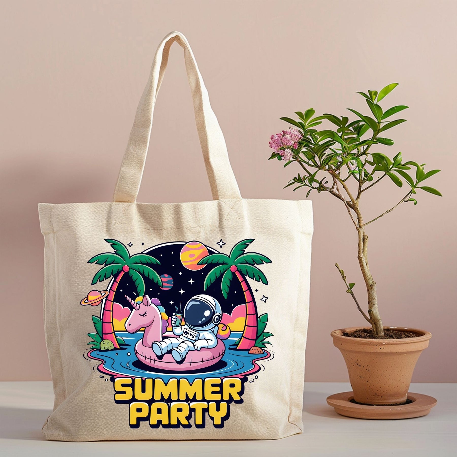 Summer Party astronaut unicorn canvas tote with poolside design