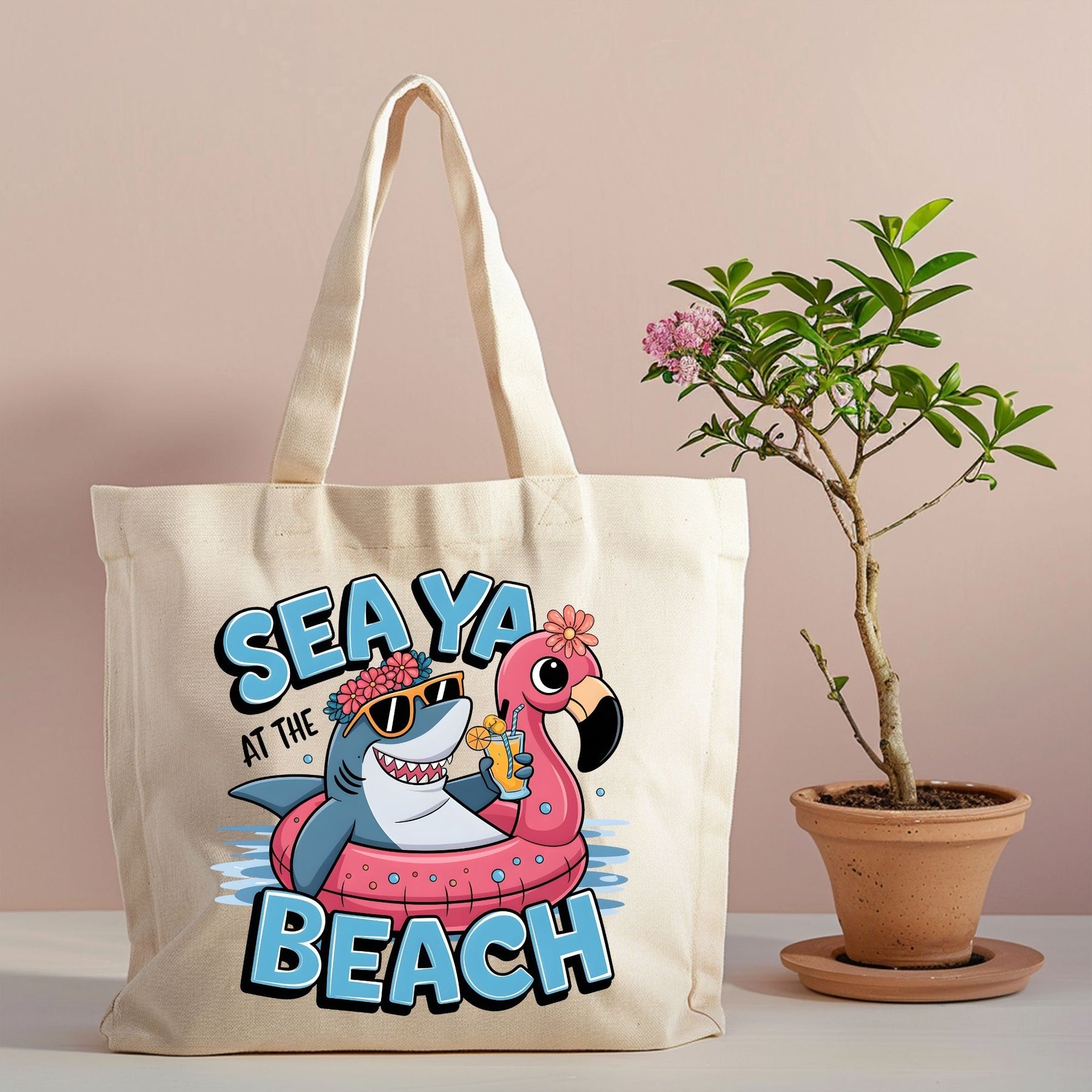 Seaya at the Beach shark tote with flamingo summer design