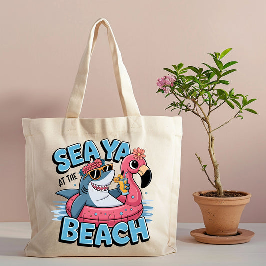 Seaya at the Beach Shark & Flamingo Canvas Tote Bag