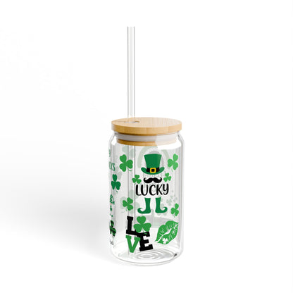 St. Patrick's Day 16oz Sipper Glass — "Feeling Lucky" Shamrock Drink Jar