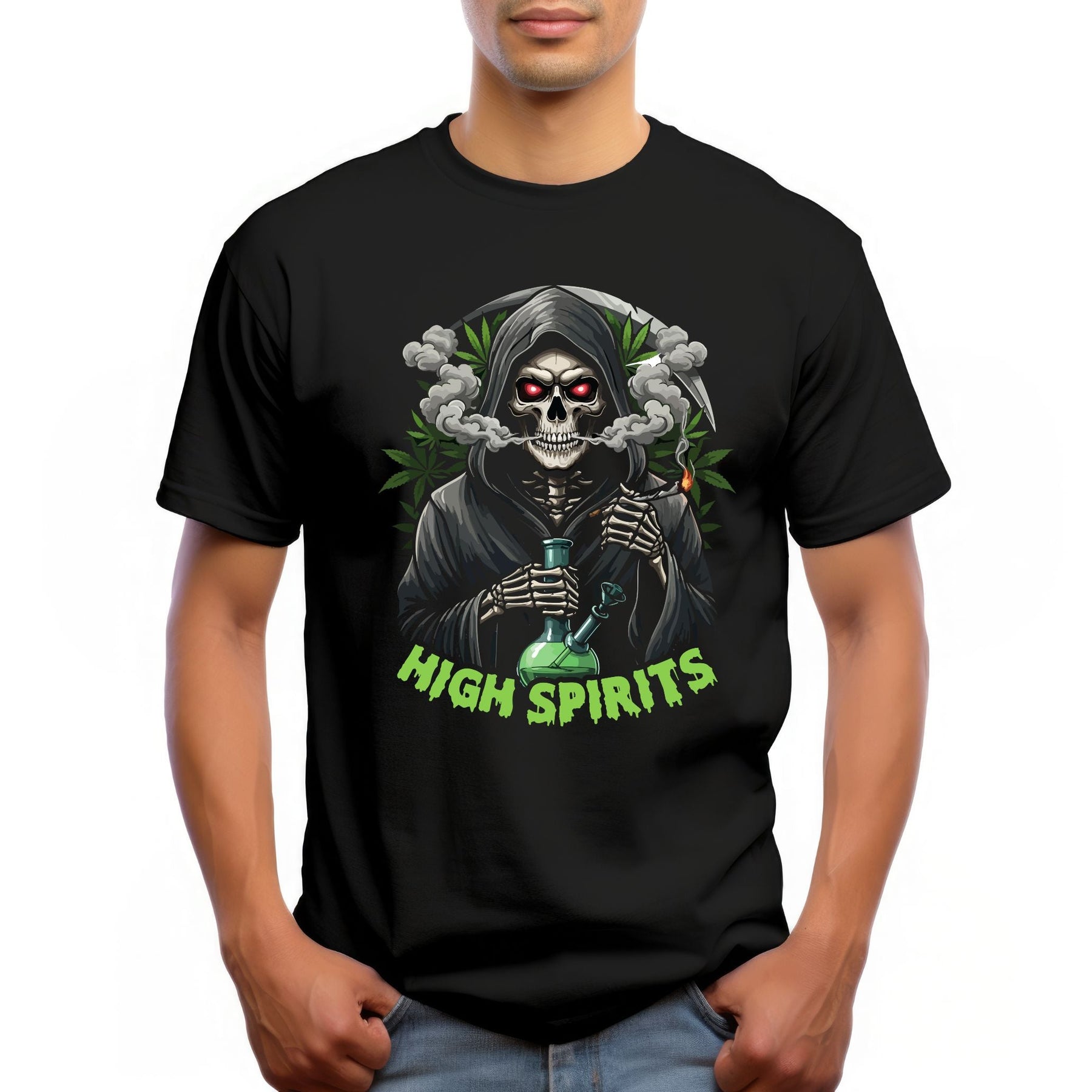 High Spirits Grim Reaper T-Shirt – Gothic Cannabis Graphic Tee