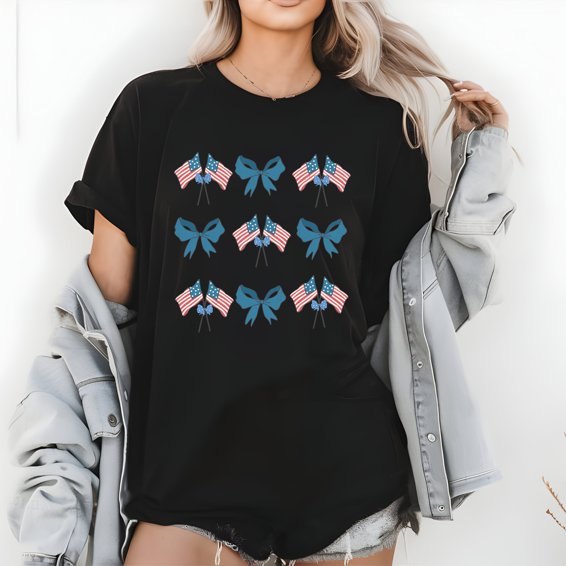 American Flag & Blue Bow T-Shirt – Coquette Patriotic Tee