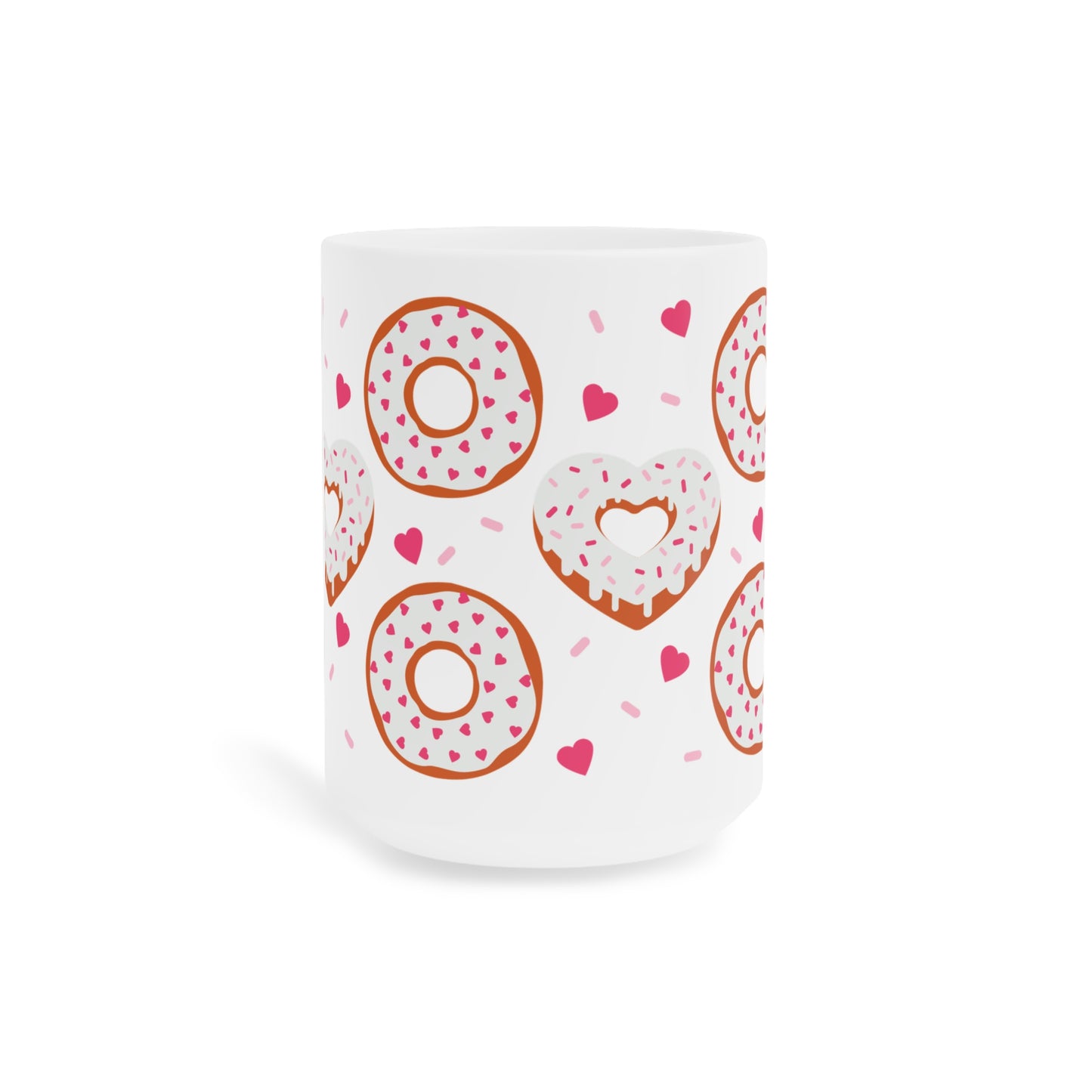 Donut Hearts Ceramic Mug — Cute Pink Sprinkles Coffee & Tea Cup (11oz/15oz)