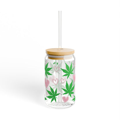 16oz Glass Sipper Tumbler — Green Cannabis Leaf & Pink Hearts Straw Cup