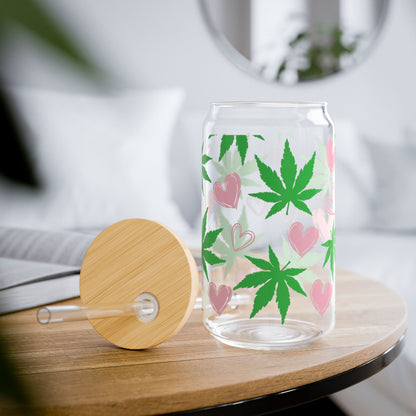 16oz Glass Sipper Tumbler — Green Cannabis Leaf & Pink Hearts Straw Cup