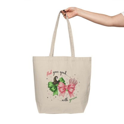 Canvas Tote Bag — "Pink Goes Good... with Green" Festive Bow Shopper