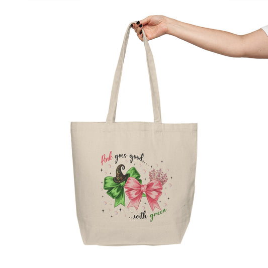 Canvas Tote Bag — "Pink Goes Good... with Green" Festive Bow Shopper