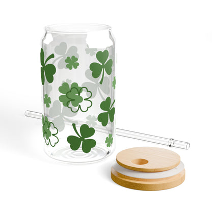 16oz Clover Sipper Glass — St. Patrick’s Day Shamrock Drink Jar