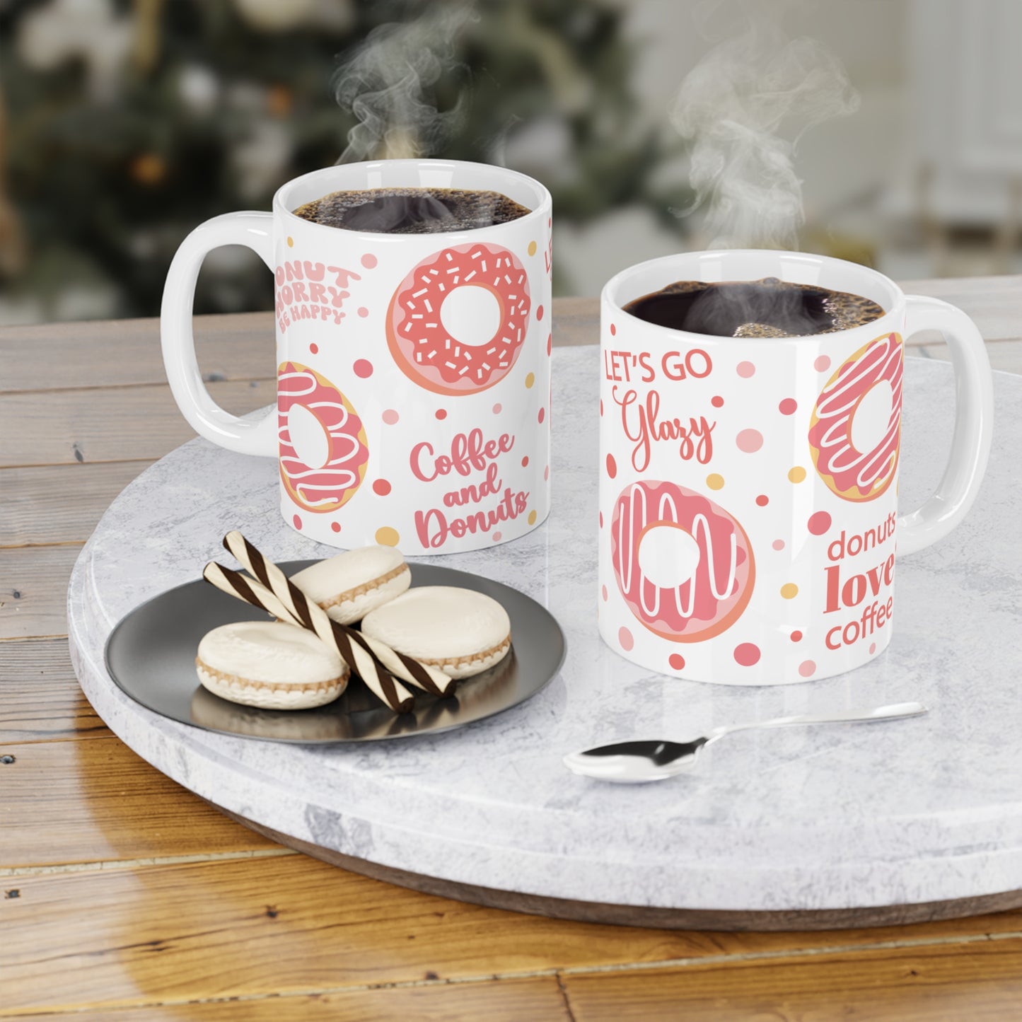 Donut & Coffee Ceramic Mug — "Let's Go Get Glazed" Pink Pastry Design (11/15oz)