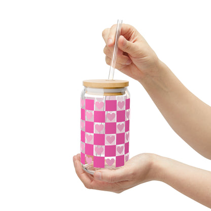 16oz Heart Checker Sipper Glass — Pink Plaid Drink Tumbler with Straw