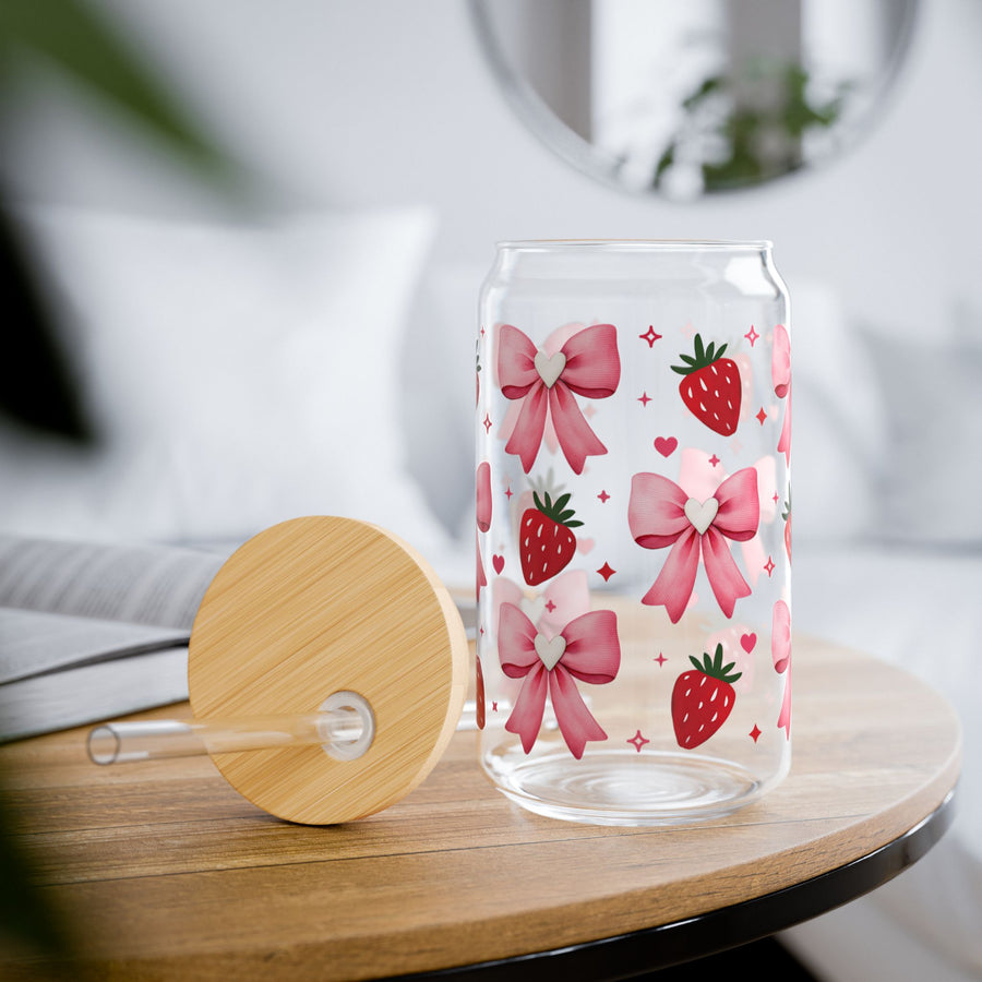 Pink Bows & Strawberries 16oz Glass Can – Cute Sipper Cup