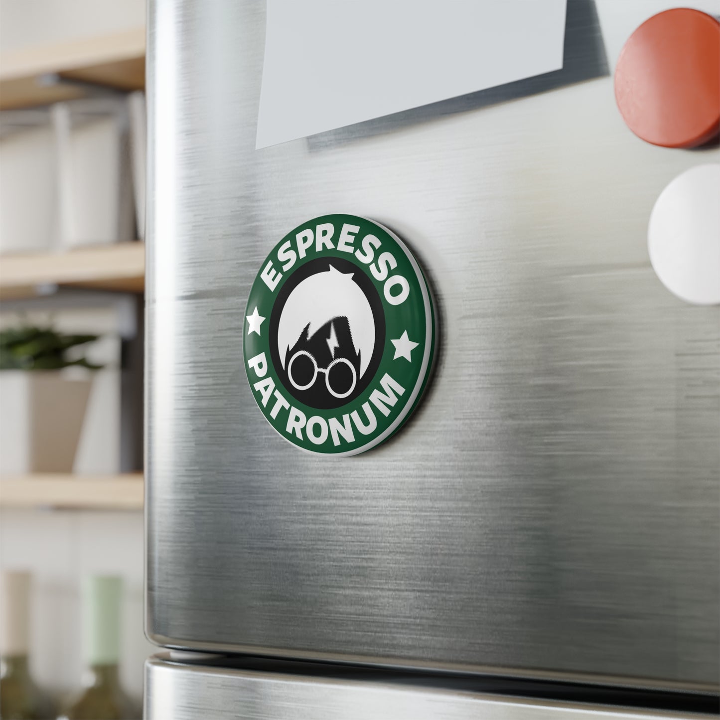 Espresso Patronum Round Magnet — Coffee & Wizardry Fridge Button