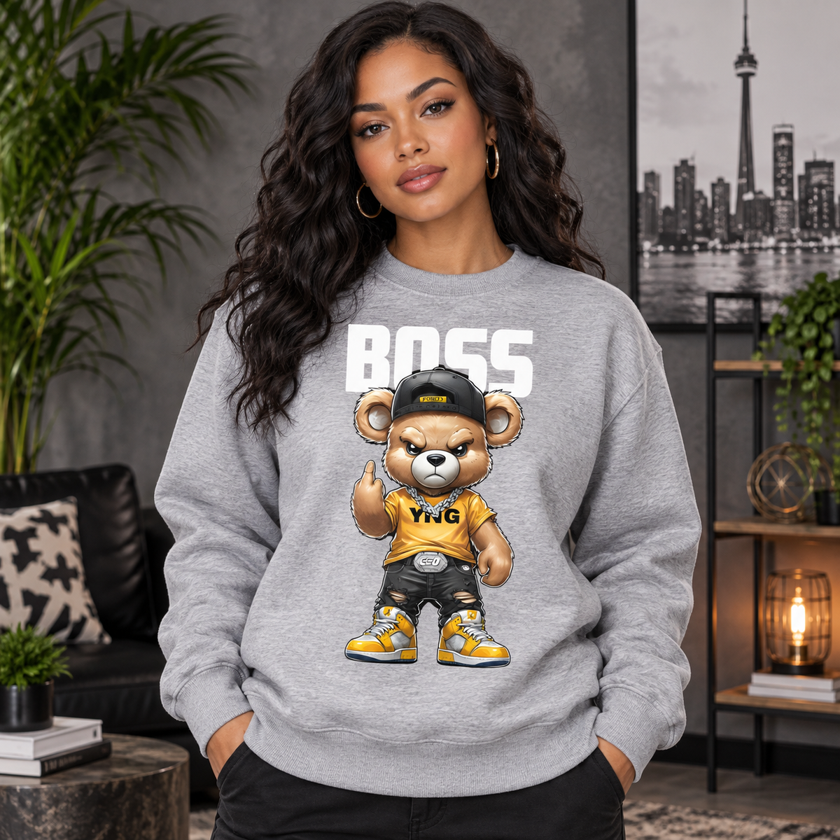 Boss Bear Streetwear Graphic Apparel women's crewneck mockup