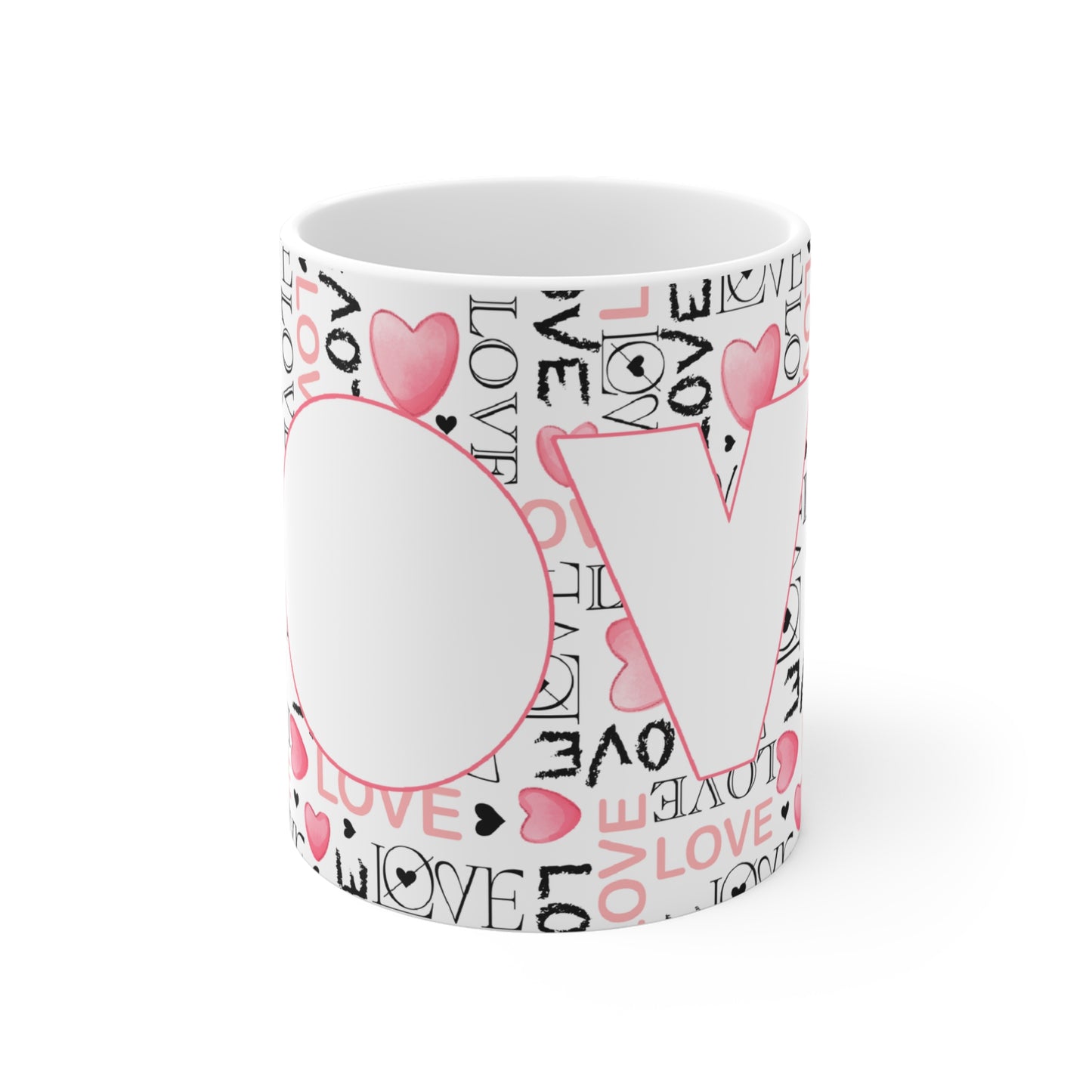 LOVE Pattern Ceramic Mug — Pink Heart Typography Coffee Cup