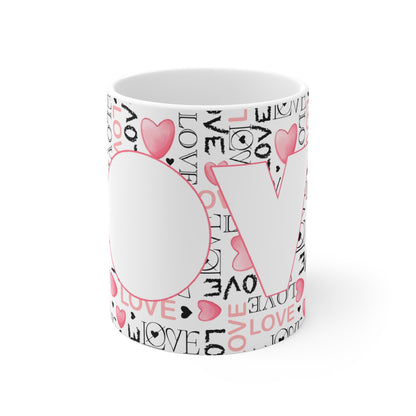 LOVE Pattern Ceramic Mug — Pink Heart Typography Coffee Cup
