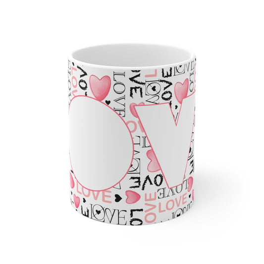 LOVE Pattern Ceramic Mug — Pink Heart Typography Coffee Cup