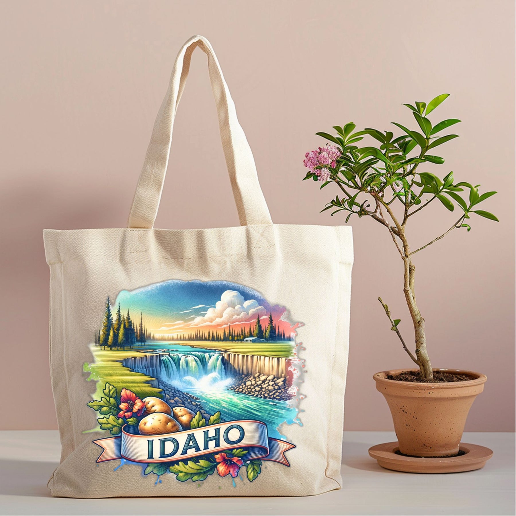 Idaho Waterfall Landscape canvas tote scenic design