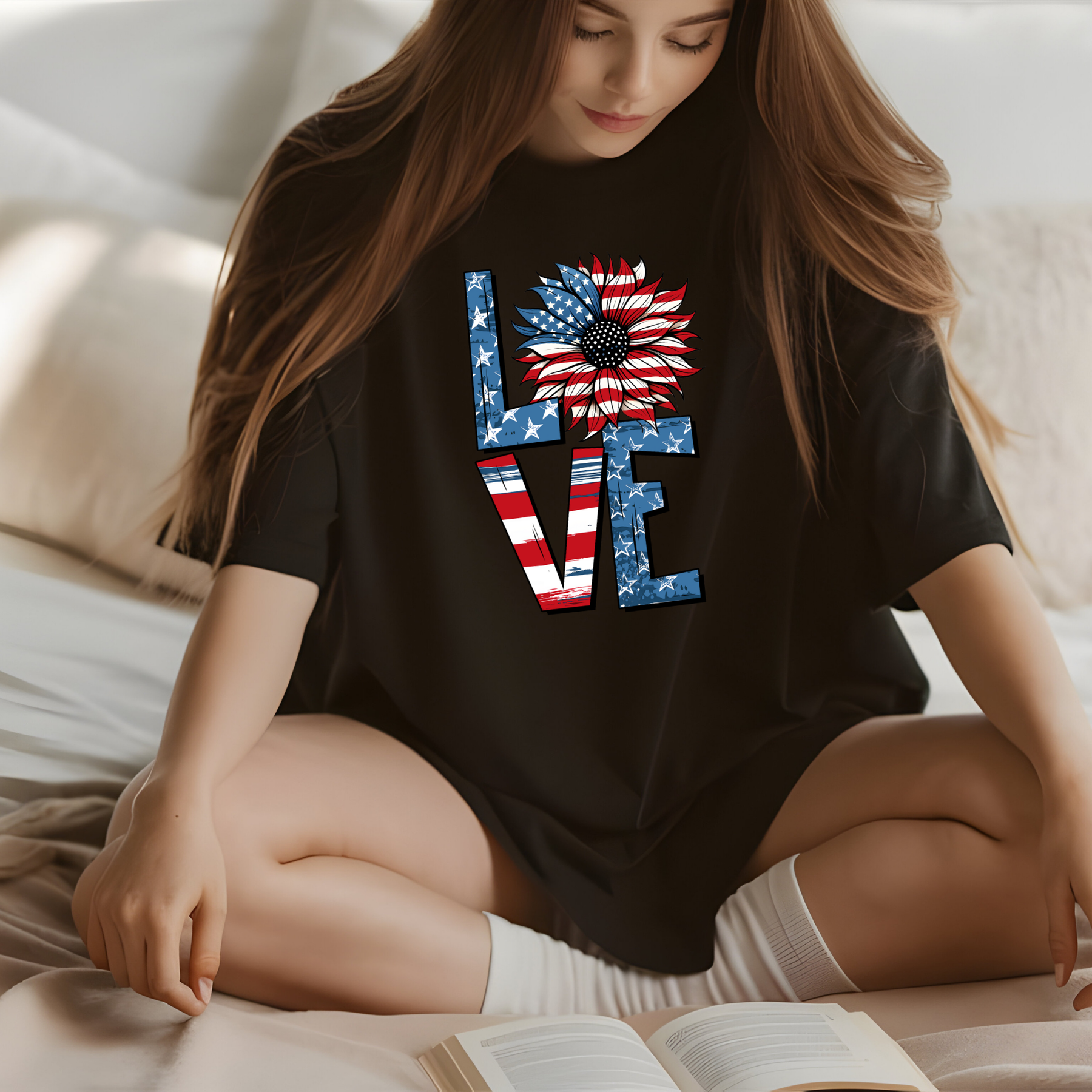 Patriotic LOVE Sunflower T-Shirt – American Flag Floral Tee