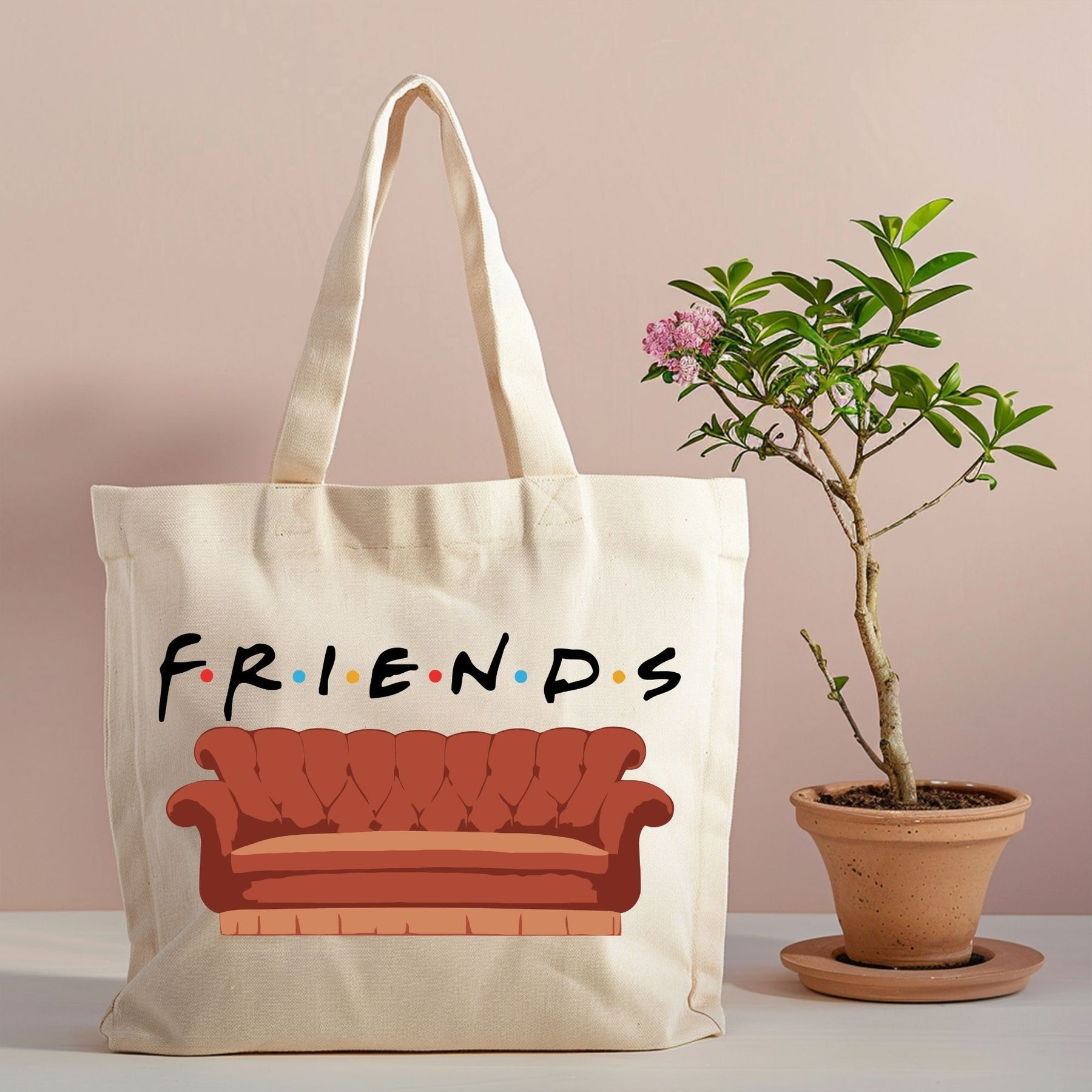 Coffeehouse couch canvas tote with retro sitcom design
