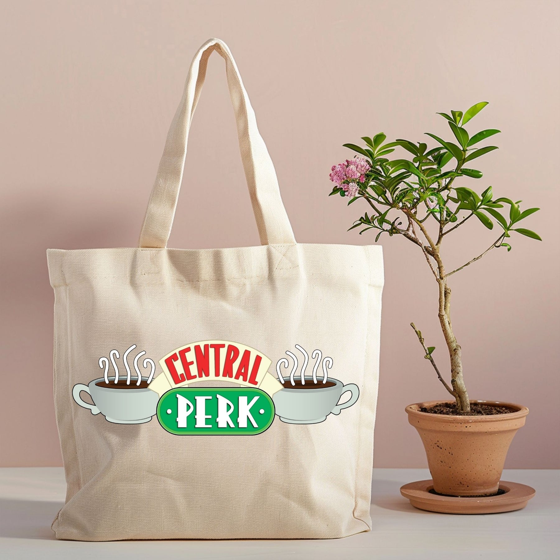 Coffeehouse-inspired canvas tote for coffee and sitcom fans