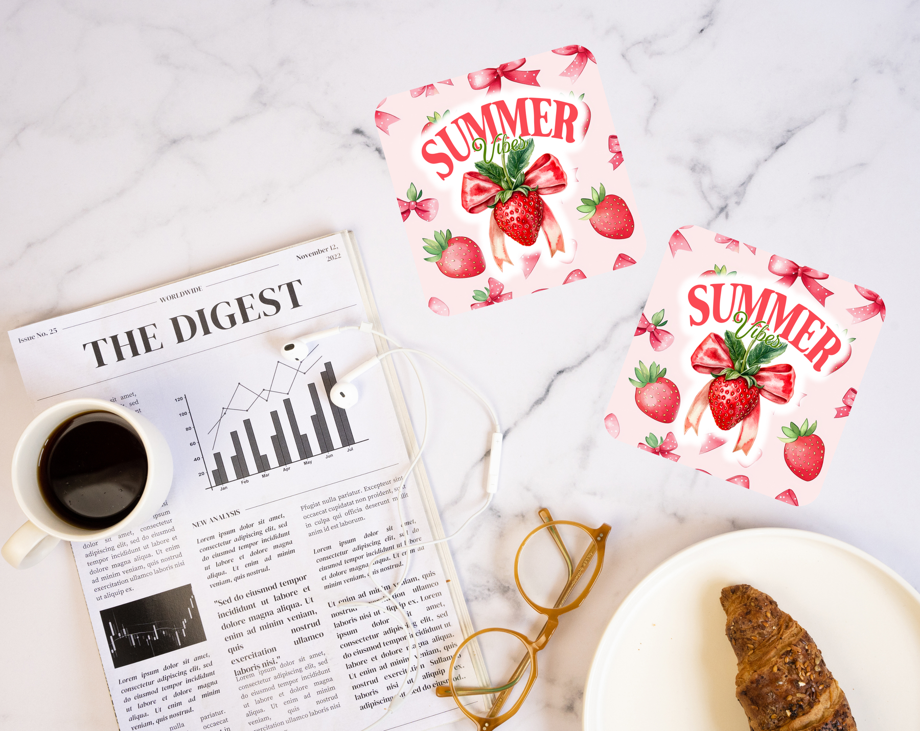 Summer Vibes strawberry bow coaster with pink cottagecore design