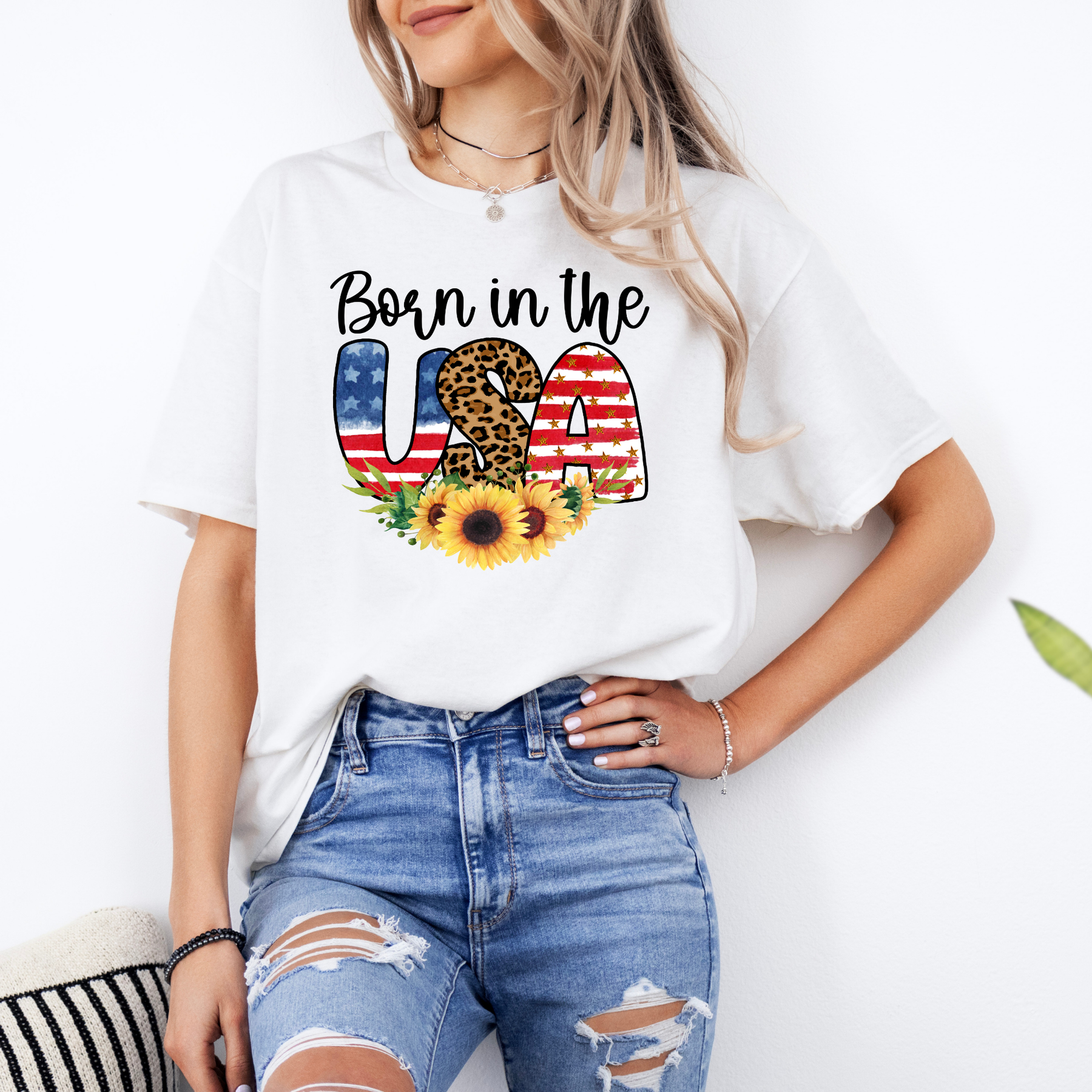 Born in the USA Sunflower Patriotic T-Shirt | American Flag Leopard Graphic Tee