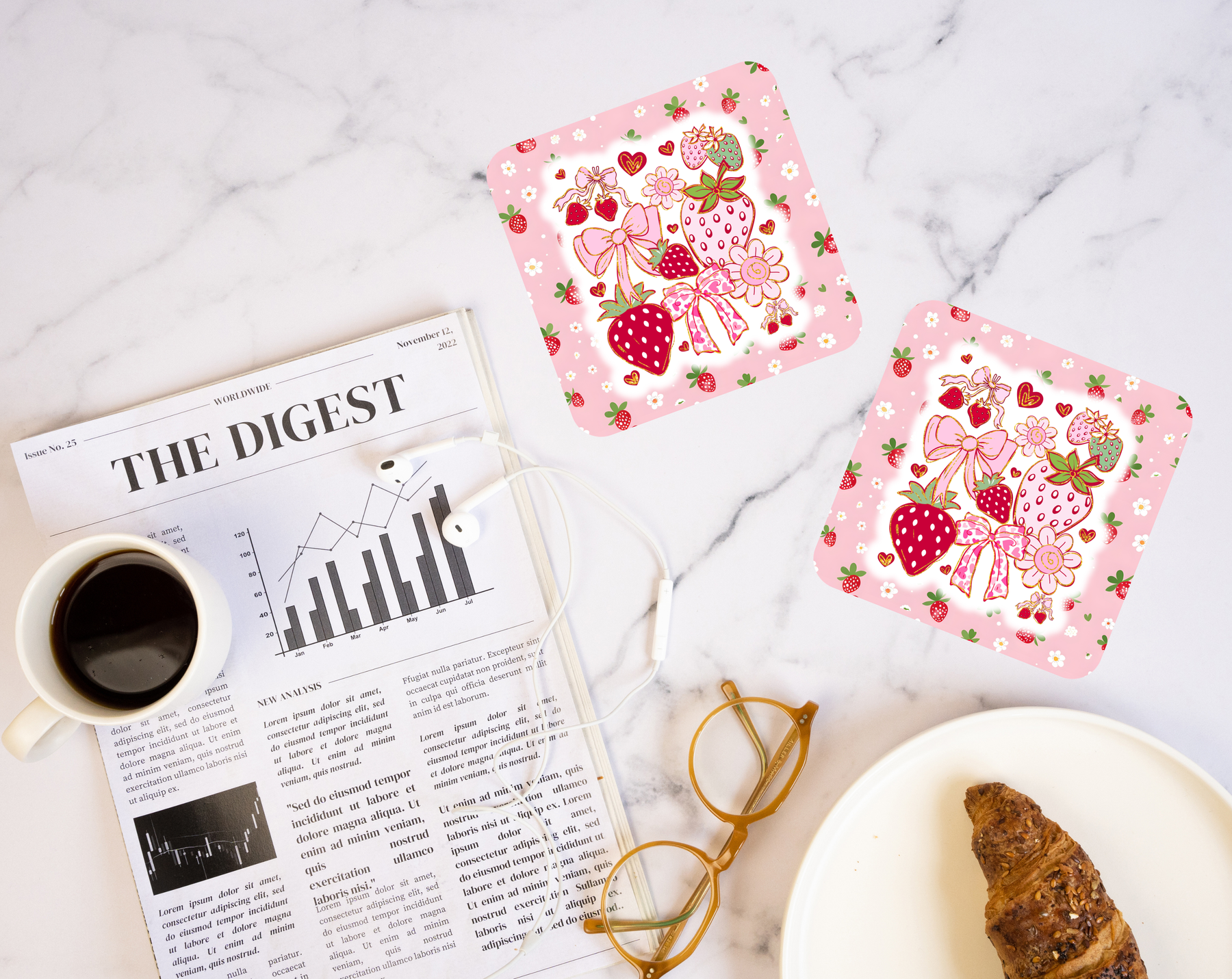 Strawberry Coquette coaster with pink bows flowers and hearts