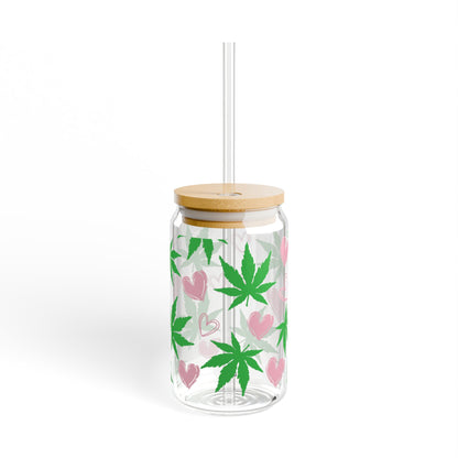 16oz Glass Sipper Tumbler — Green Cannabis Leaf & Pink Hearts Straw Cup