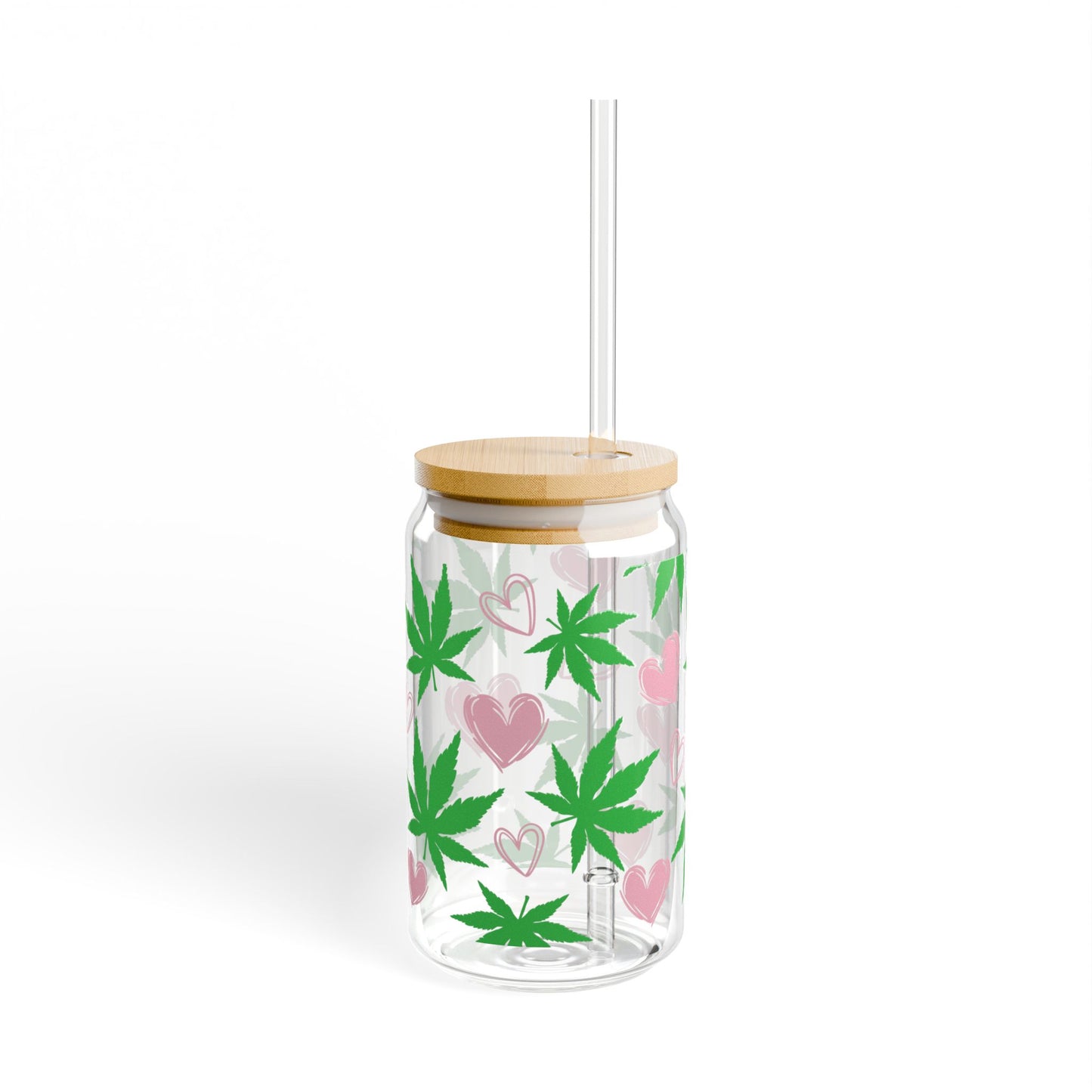 16oz Glass Sipper Tumbler — Green Cannabis Leaf & Pink Hearts Straw Cup