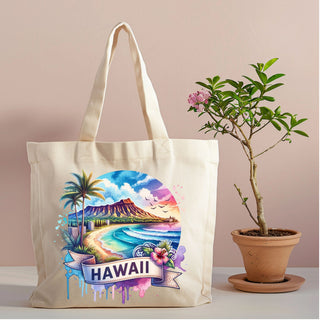 Hawaii Tropical Beach canvas tote with Diamond Head design