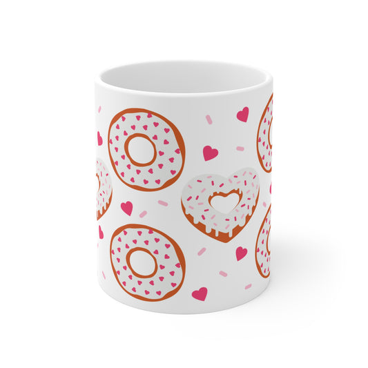 Donut Hearts Ceramic Mug — Cute Pink Sprinkles Coffee & Tea Cup (11oz/15oz)