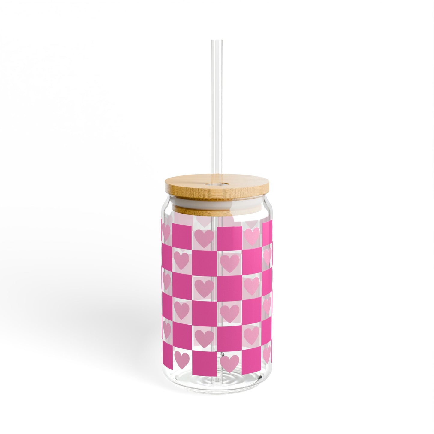 16oz Heart Checker Sipper Glass — Pink Plaid Drink Tumbler with Straw