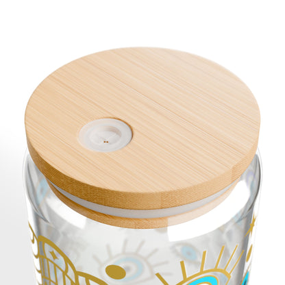 Evil Eye Hamsa Sipper Glass — 16oz Tumbler with Straw (Protective Boho Drinkware)
