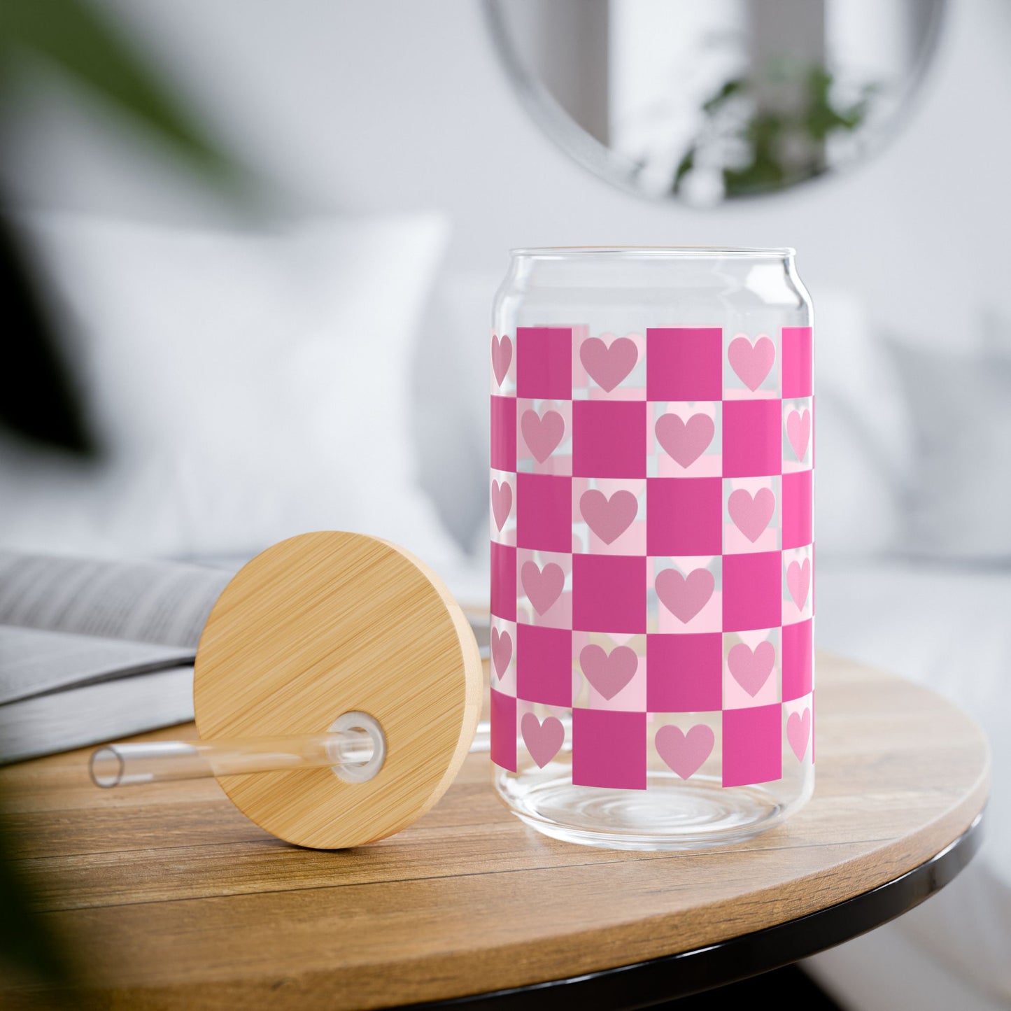 16oz Heart Checker Sipper Glass — Pink Plaid Drink Tumbler with Straw