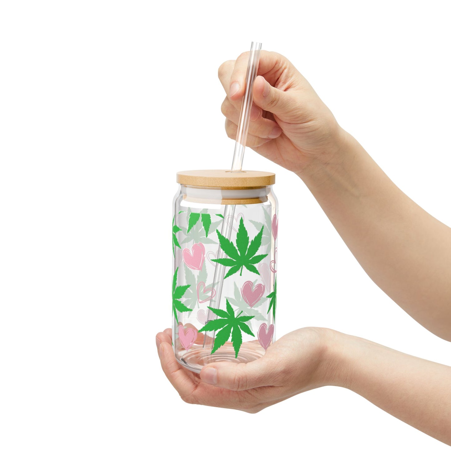 16oz Glass Sipper Tumbler — Green Cannabis Leaf & Pink Hearts Straw Cup