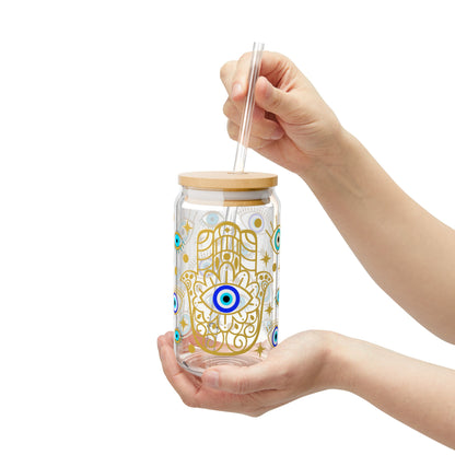 Evil Eye Hamsa Sipper Glass — 16oz Tumbler with Straw (Protective Boho Drinkware)