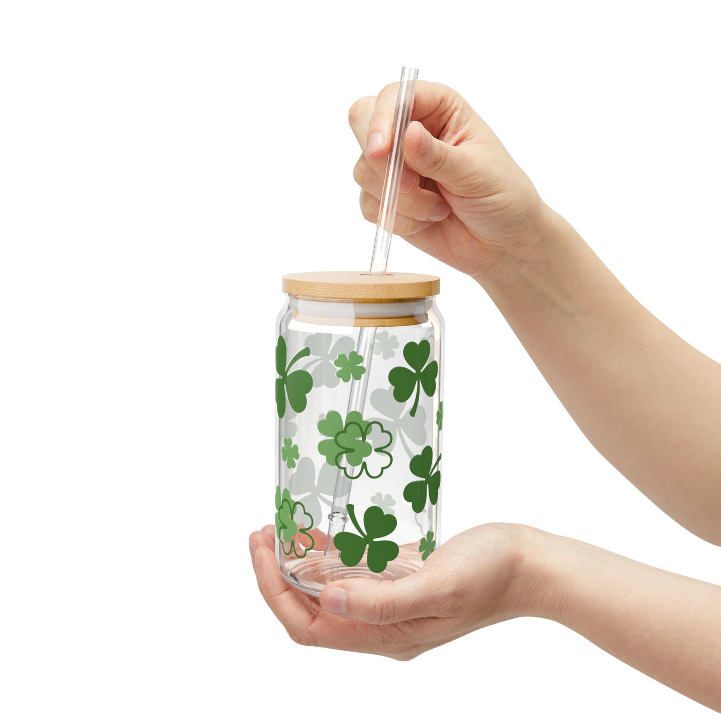 16oz Clover Sipper Glass — St. Patrick’s Day Shamrock Drink Jar