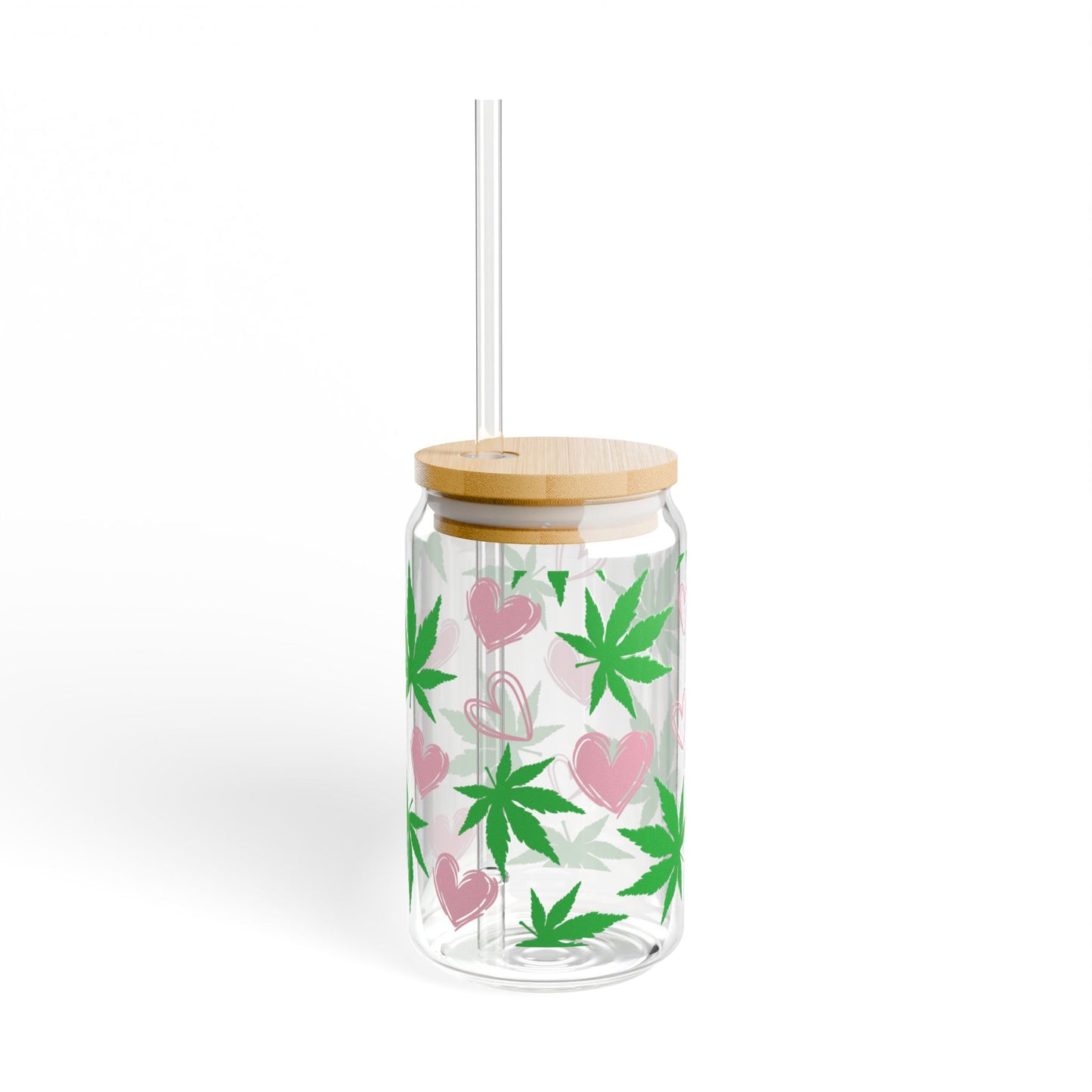 16oz Glass Sipper Tumbler — Green Cannabis Leaf & Pink Hearts Straw Cup