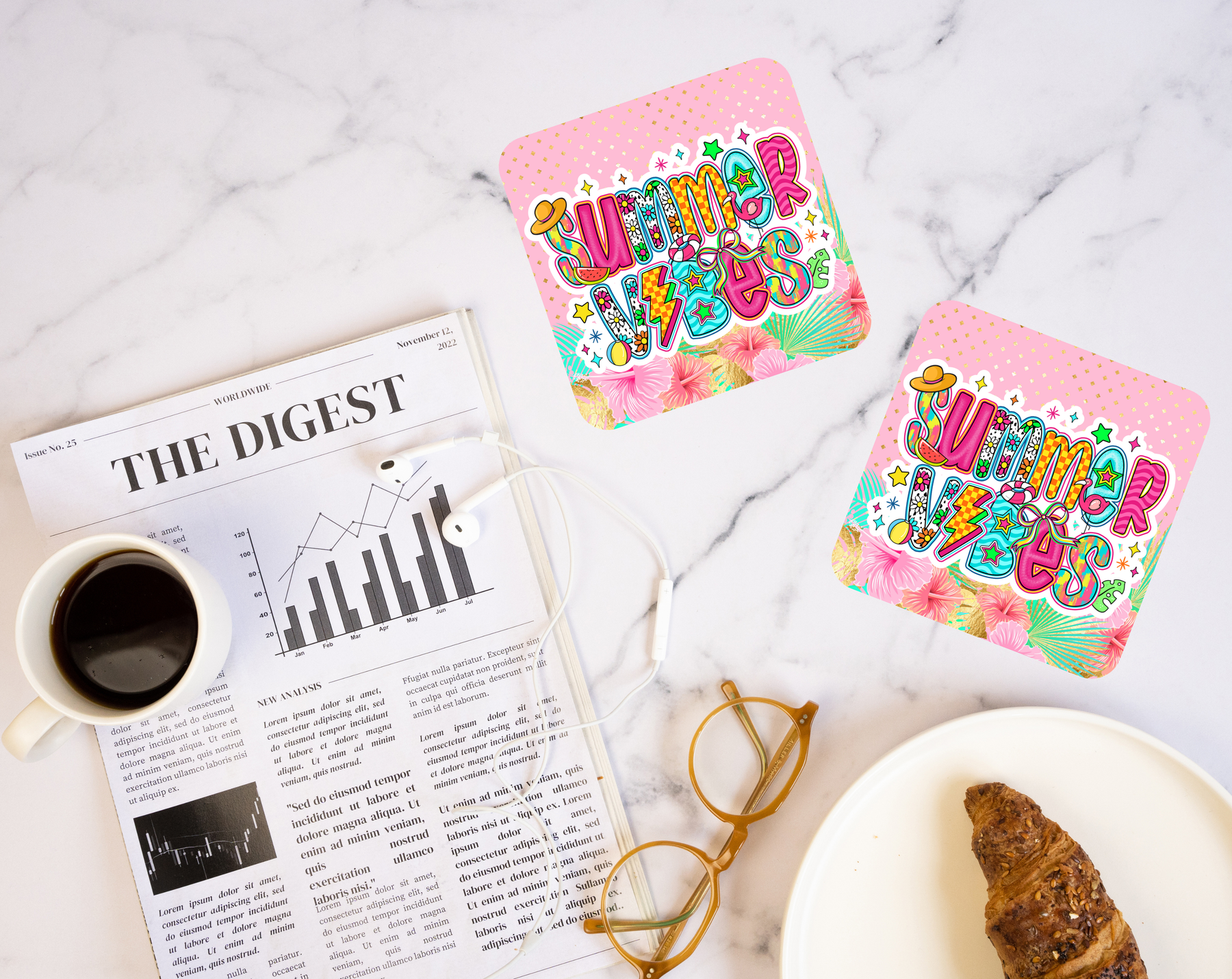 Summer Vibes retro tropical coaster with colorful beach design