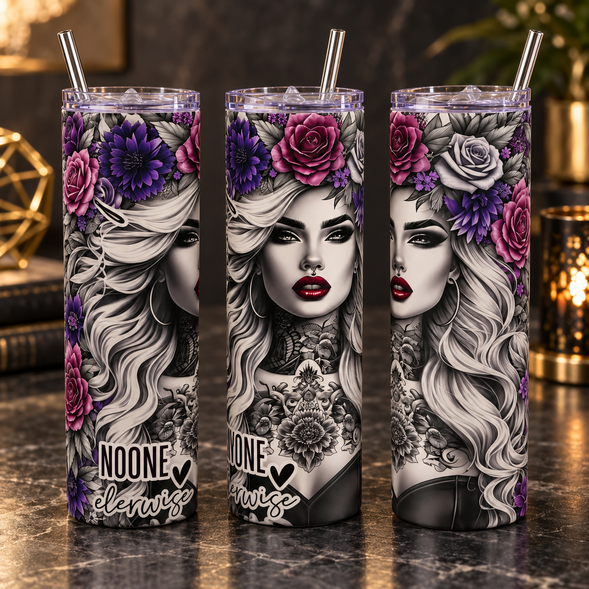 You Are Enough 20oz Skinny Tumbler – Floral Inspirational Cup – three-tumbler realistic lifestyle mockup