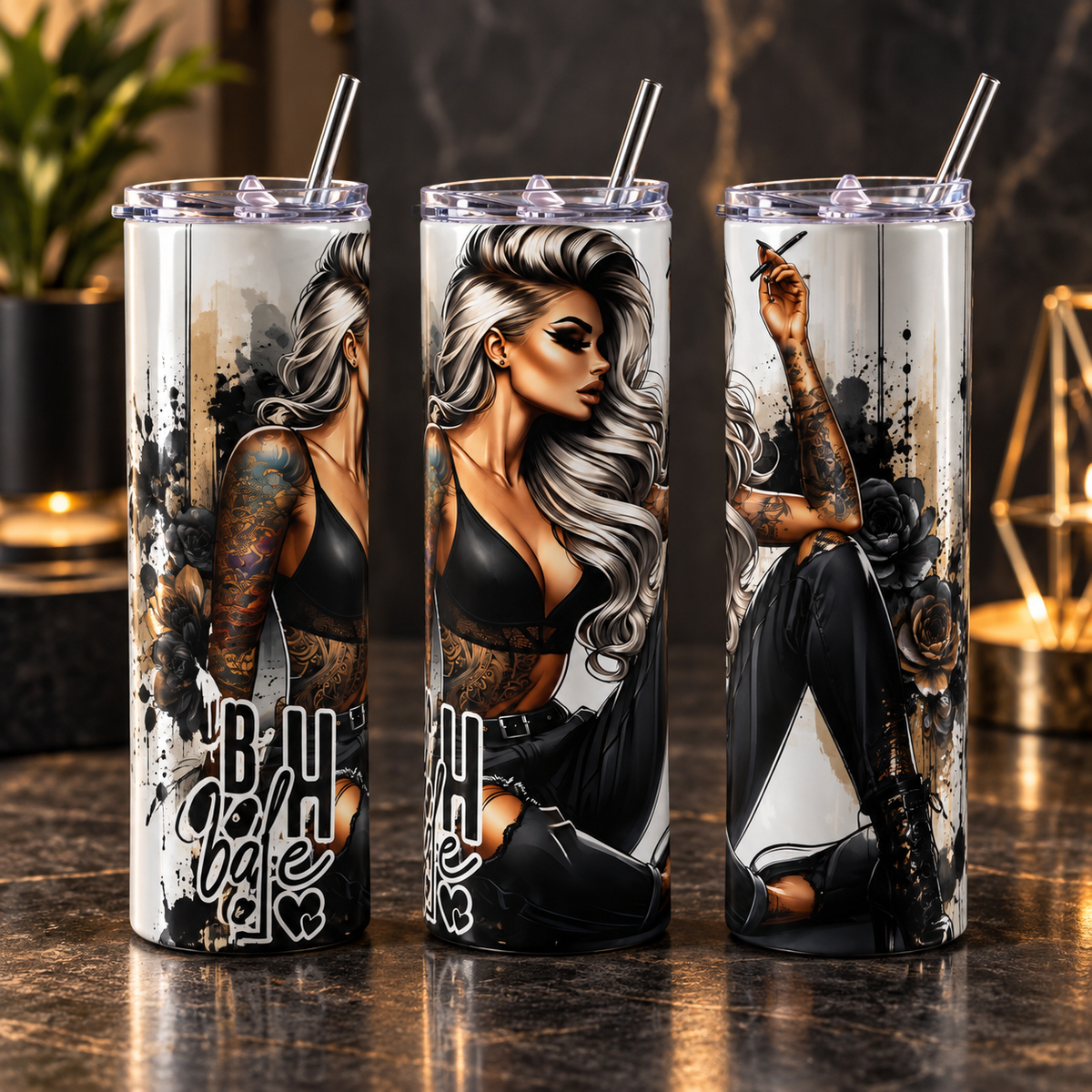 Tattooed Beauty “B**ch Mode” 20oz Tumbler – Gothic Glam Travel Cup – three-tumbler realistic lifestyle mockup