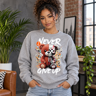 Never Give Up Bear Graphic Apparel women's crewneck mockup