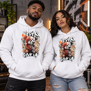 Never Give Up Bear Graphic Apparel men's and women's hoodie mockup