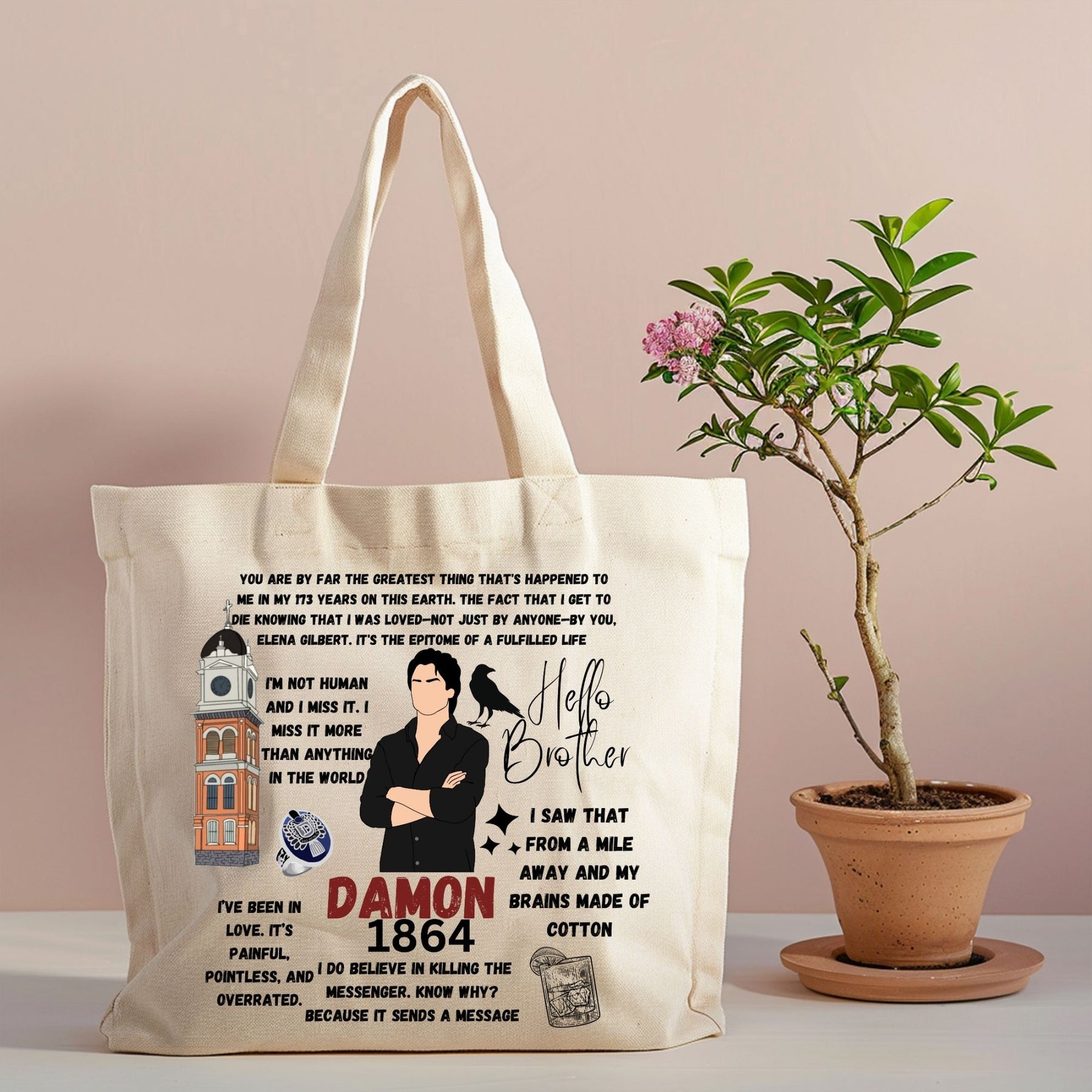 Vampire antihero canvas tote with supernatural fan design